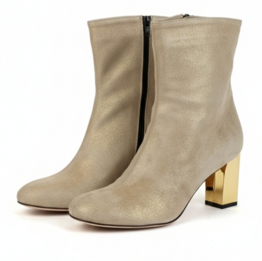 Jean-Michel Cazabat Gold Metallic Suede Ankle Boots Mirror Block Heel Italy 40